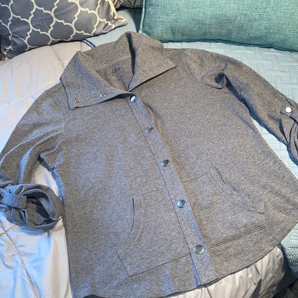 Style & Co Sport medium weight snap close sweatshirt Merle grey petite large